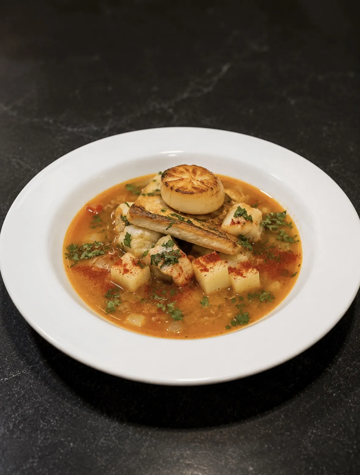 Caldillo de mar de Nocedal con vieira y papas